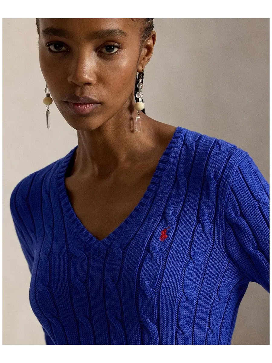 Свитер с V-образным вырезом из хлопка с косами Polo Ralph Lauren — изображение 13 из 20, розовый