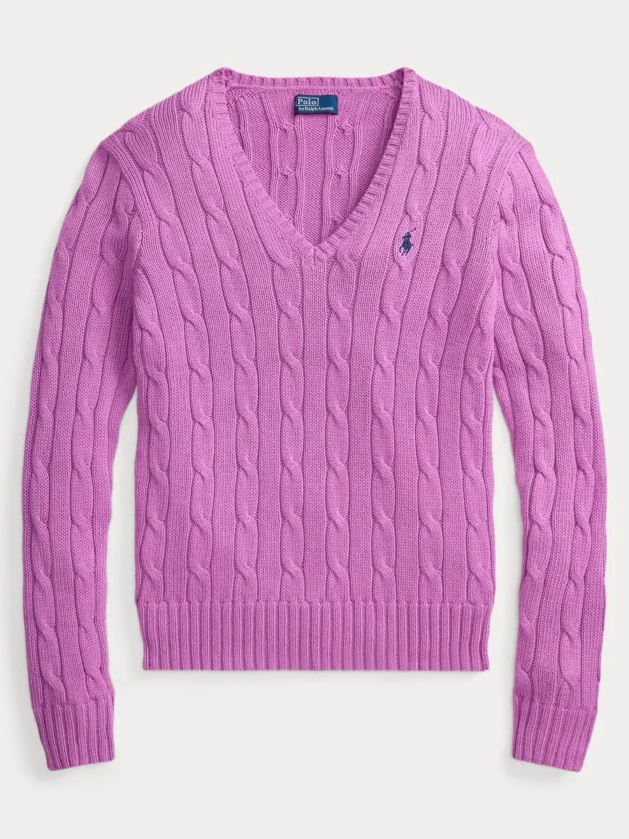 Свитер с V-образным вырезом из хлопка с косами Polo Ralph Lauren — изображение 5 из 20, розовый