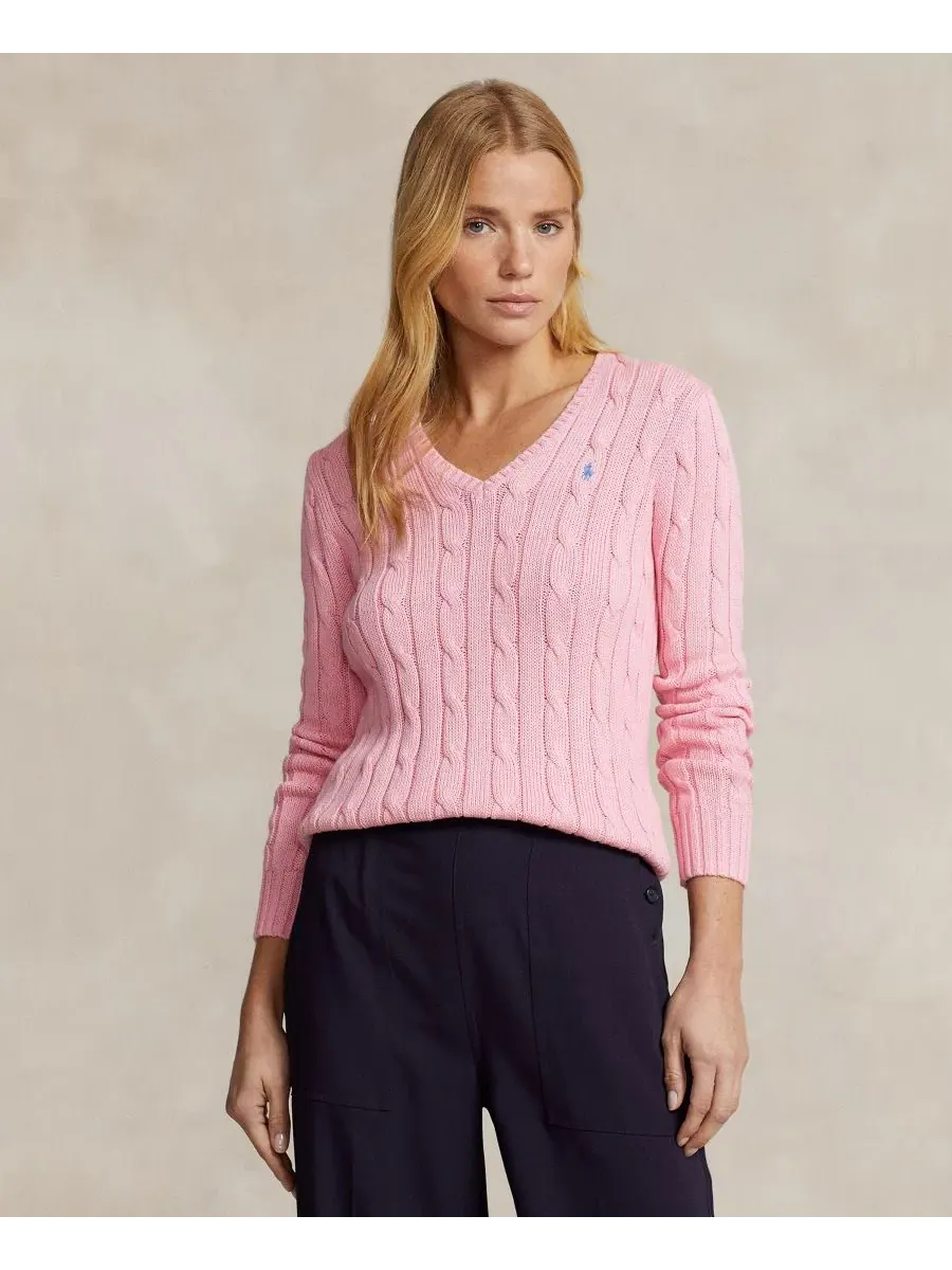 Свитер с V-образным вырезом, с косами, Slim Fit Polo Ralph Lauren — изображение 1 из 20, розовый