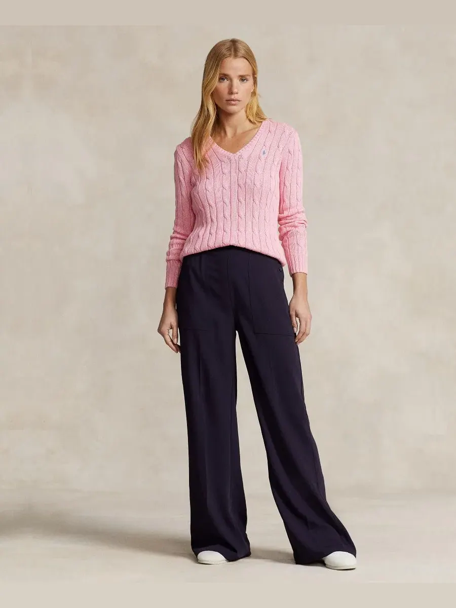 Свитер с V-образным вырезом, с косами, Slim Fit Polo Ralph Lauren — изображение 2 из 20, розовый