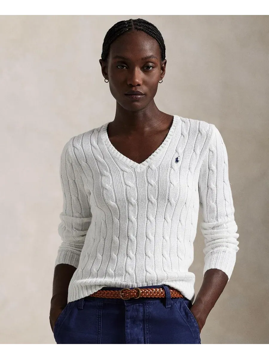 Женский свитер с V-образным вырезом, косая вязка Polo Ralph Lauren — изображение 1 из 20, белый