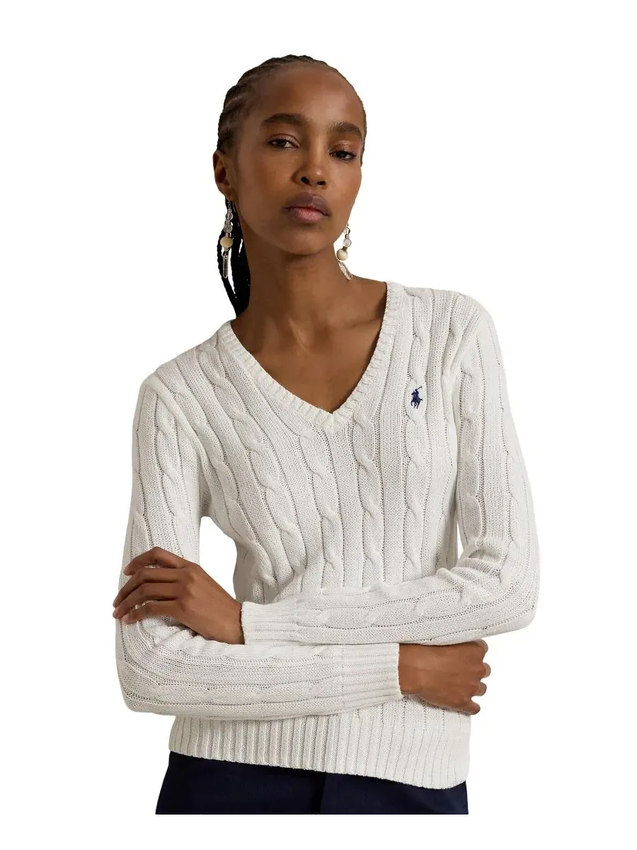 Женский свитер с V-образным вырезом, косая вязка Polo Ralph Lauren — изображение 6 из 20, белый