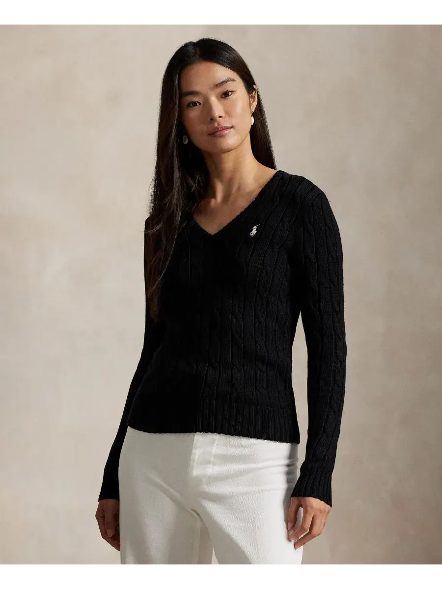 Женский свитер с V-образным вырезом и косами Polo Black/White — изображение 1 из 20, черный/белый