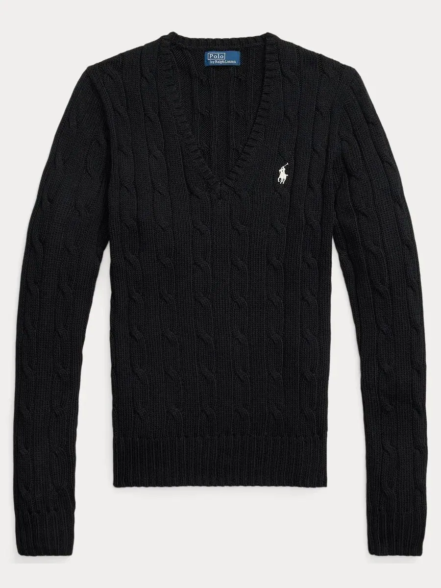 Женский свитер с V-образным вырезом и косами Polo Black/White — изображение 2 из 20, черный/белый