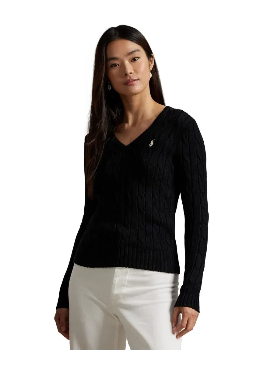 Женский свитер с V-образным вырезом и косами Polo Black/White — изображение 6 из 20, черный/белый