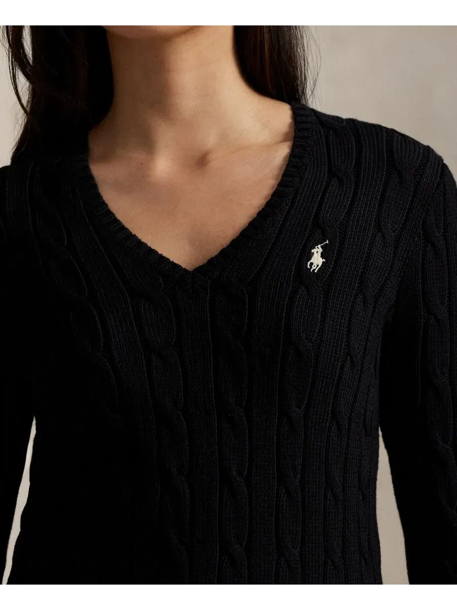 Женский свитер с V-образным вырезом и косами Polo Black/White — изображение 8 из 20, черный/белый