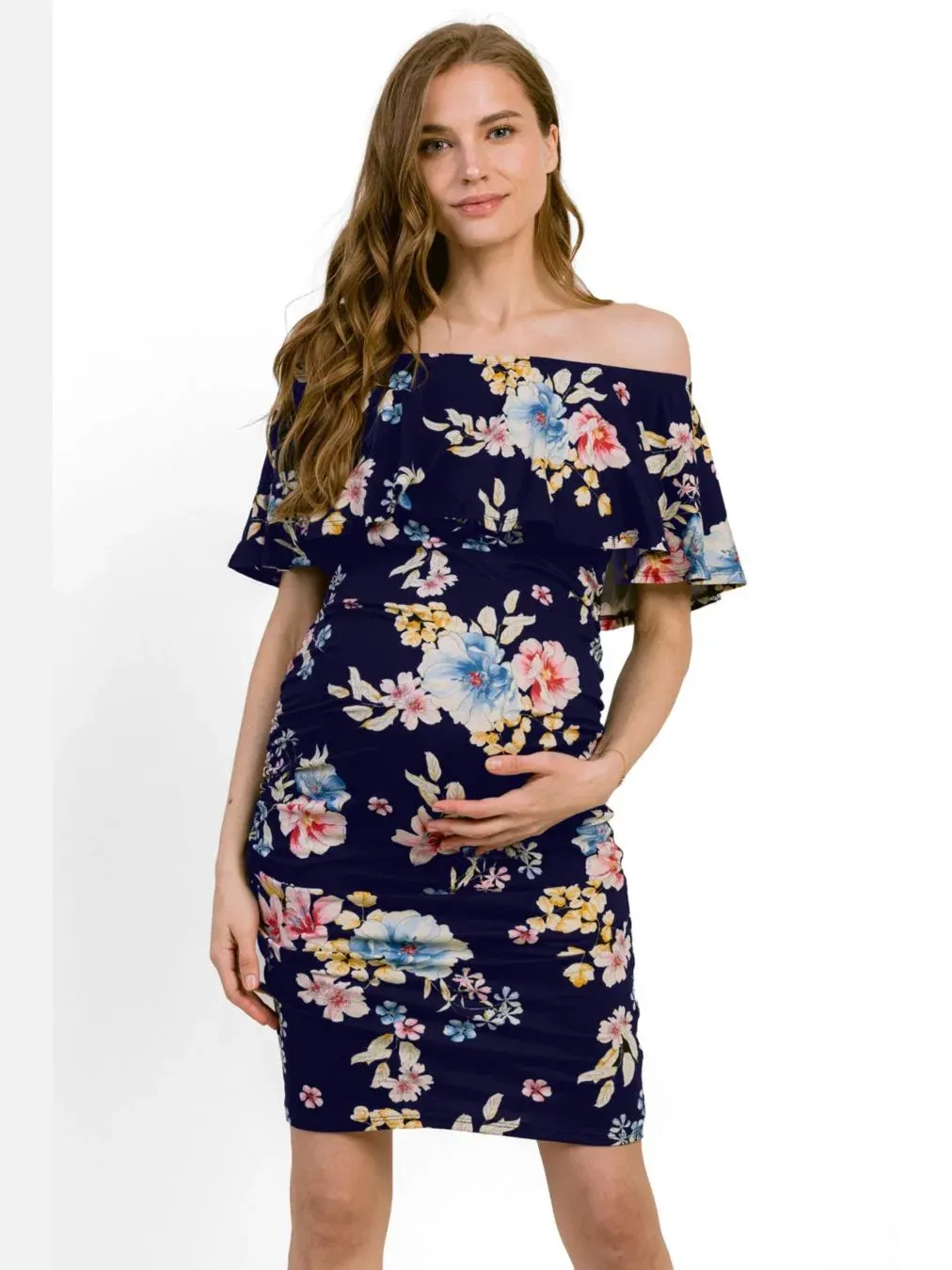 Платье для беременных без рукавов с цветочным принтом, модель Off-the-Shoulder Floral Ruffle — изображение 1 из 4