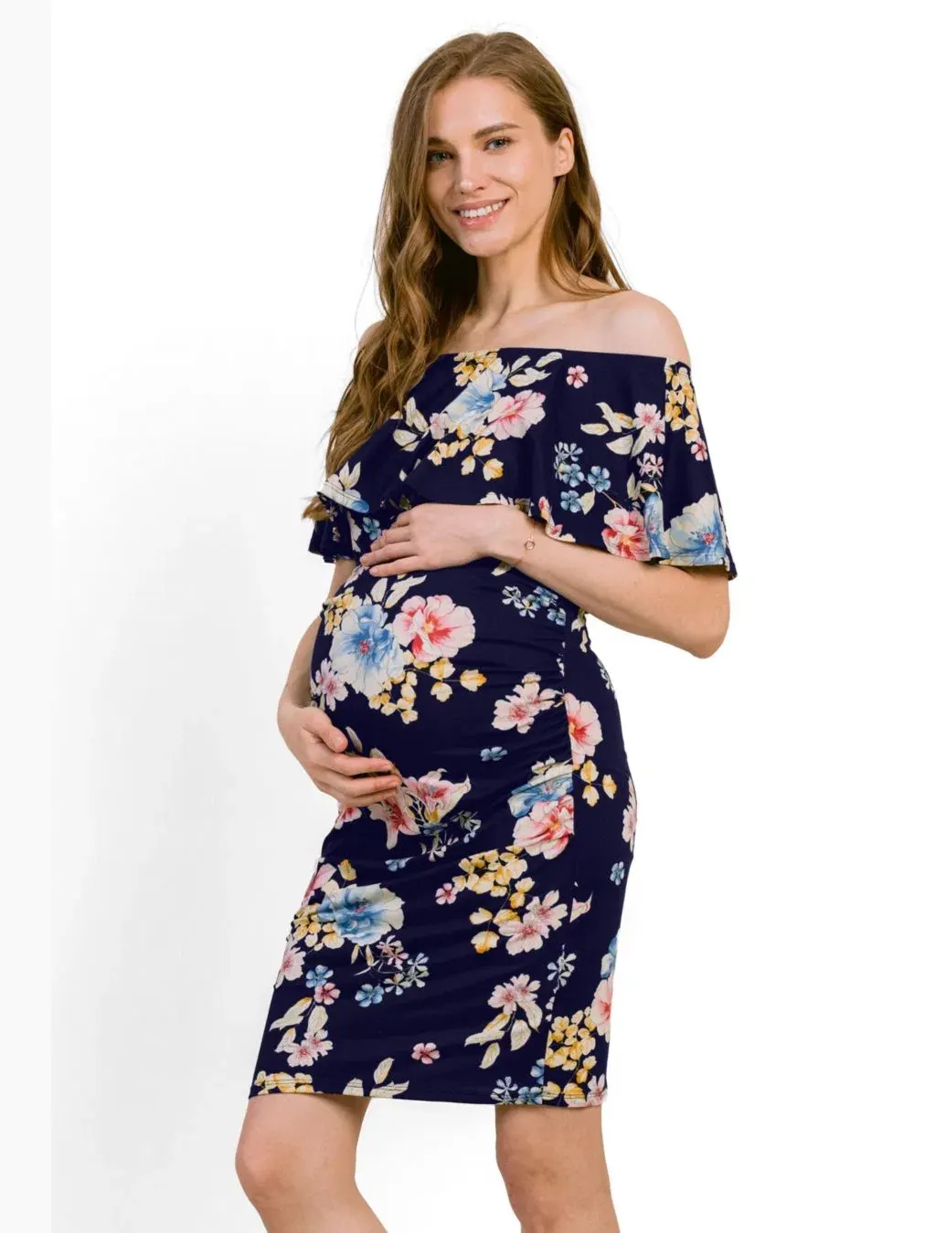 Платье для беременных без рукавов с цветочным принтом, модель Off-the-Shoulder Floral Ruffle — изображение 2 из 4