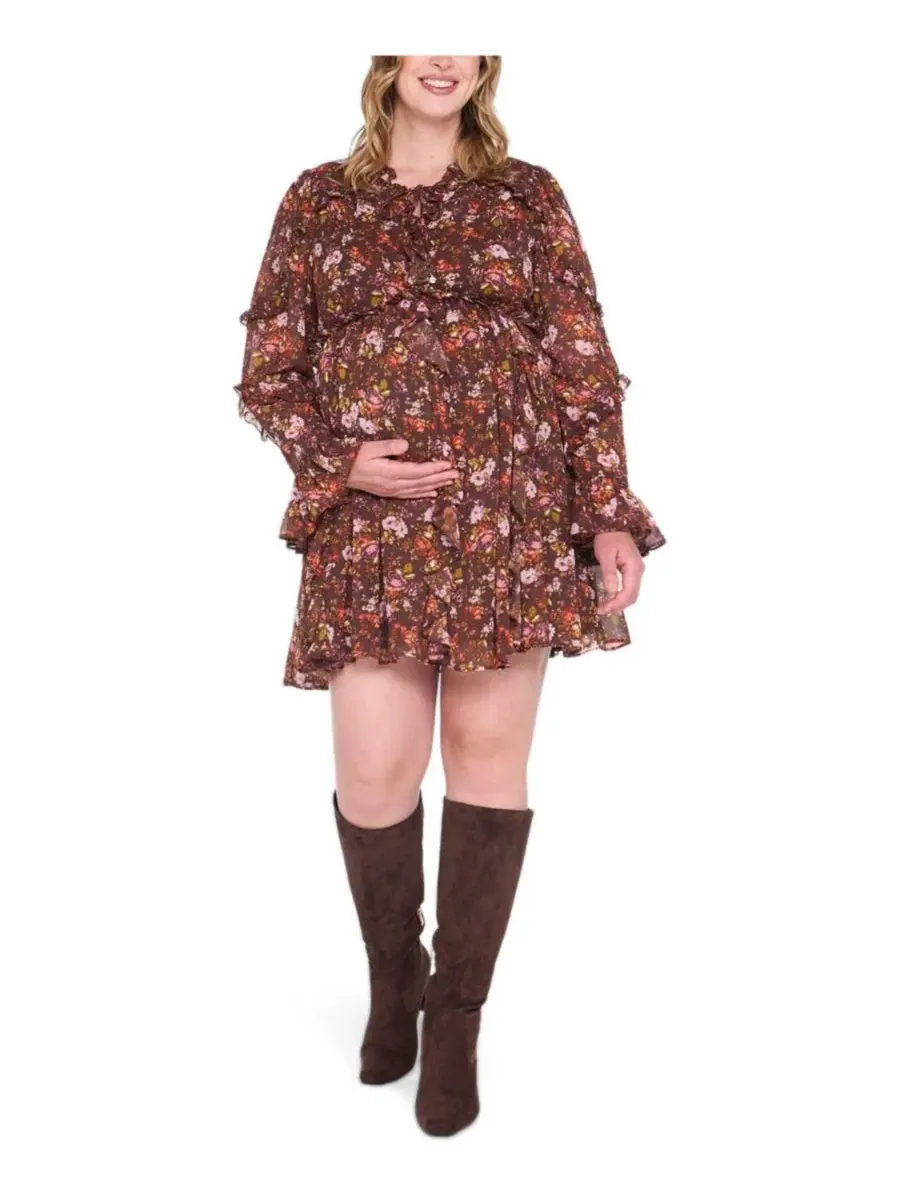 Платье для беременных с длинным рукавом и оборками Motherhood Maternity — изображение 1 из 5, коричневый
