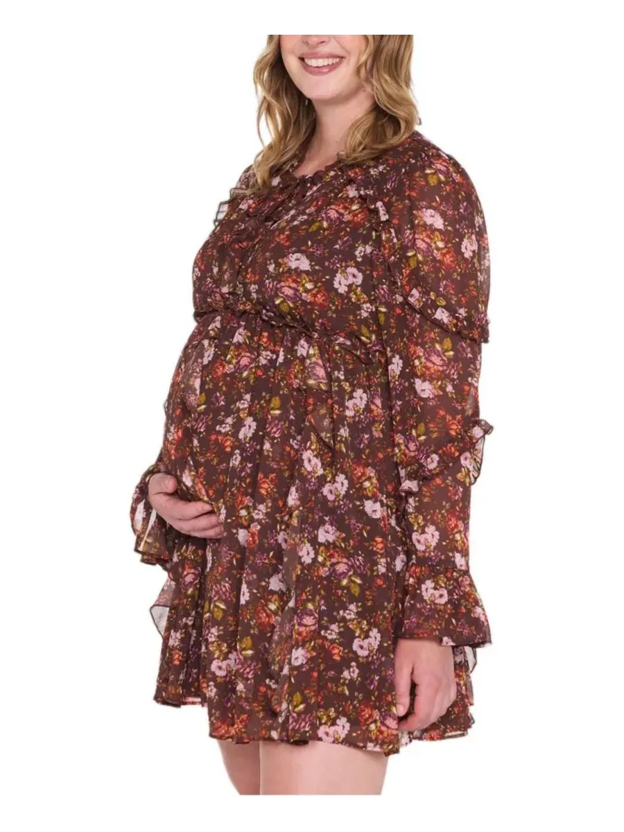 Платье для беременных с длинным рукавом и оборками Motherhood Maternity — изображение 3 из 5, коричневый