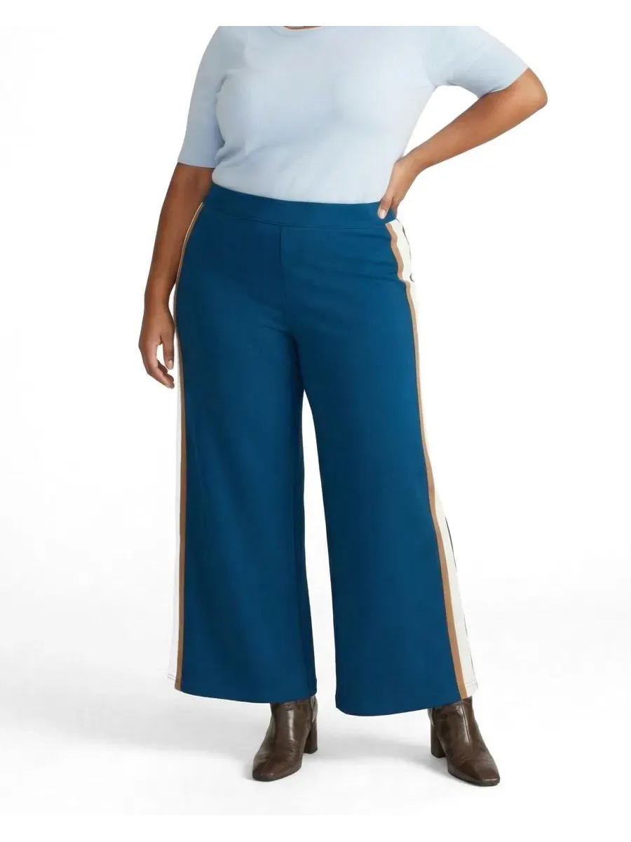 Штаны с широкой штаниной и боковой полосой Universal Standard, Deep Teal With Camel/Ecru Stripe — изображение 1 из 3