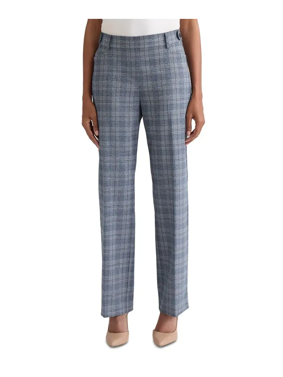 Брюки прямого кроя с принтом в клетку Petite Plaid Straight-Leg Pull-On Pants Jones New York — синий