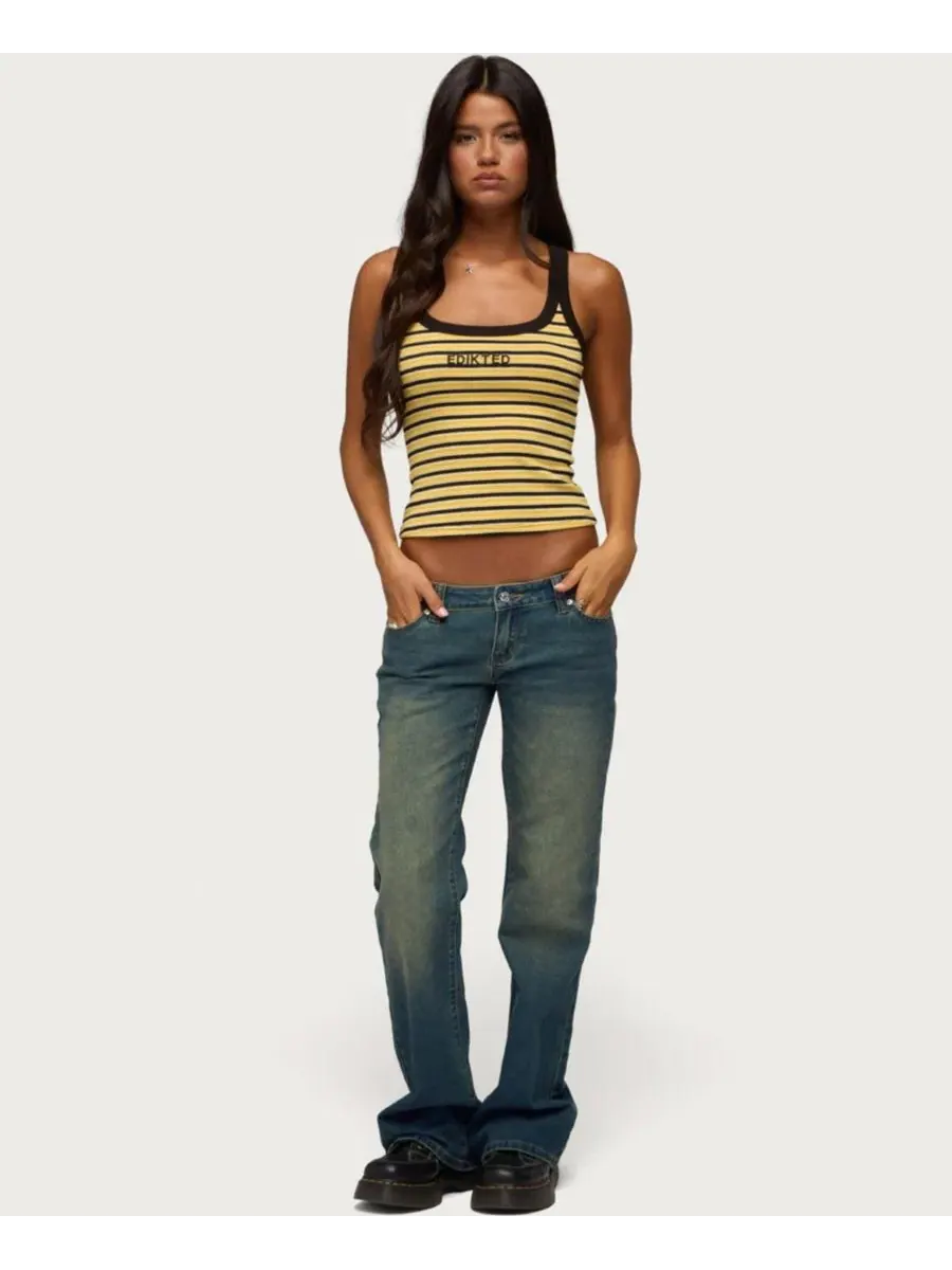 Джинсы-клеш женские с заниженной посадкой Moonie Low-Rise Bootcut Stretchy Denim Jeans Edikted — изображение 2 из 5, синий