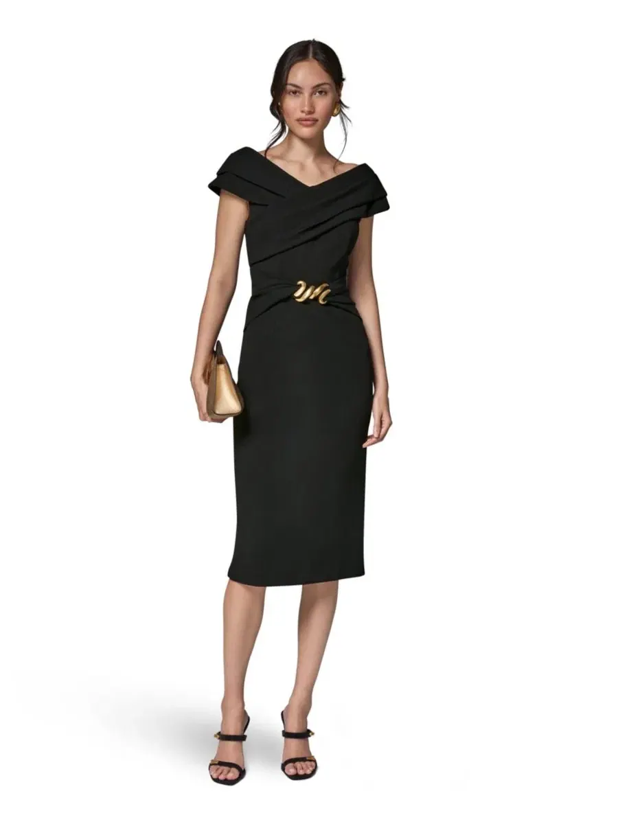 Платье-футляр миди с портретным вырезом и поясом с пряжкой, модель Portrait Neck Sheath Midi Dress — изображение 1 из 7