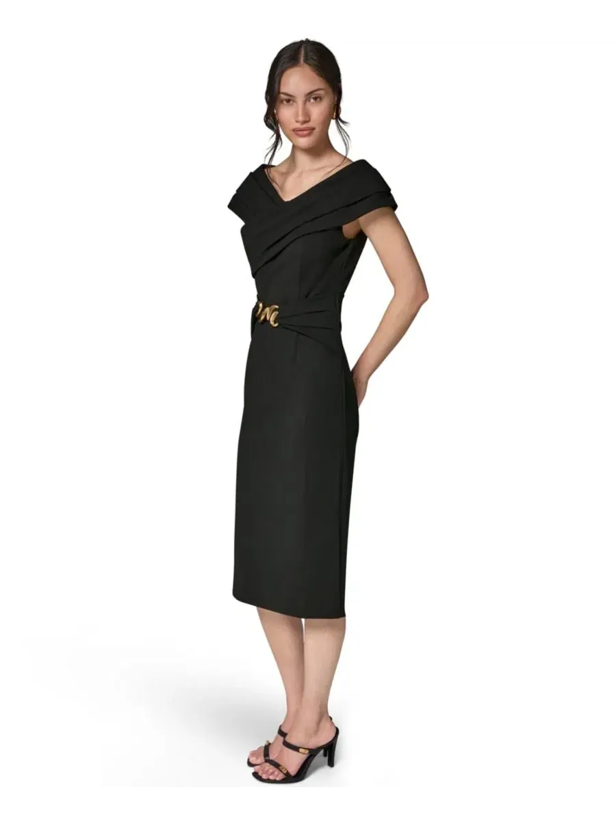 Платье-футляр миди с портретным вырезом и поясом с пряжкой, модель Portrait Neck Sheath Midi Dress — изображение 2 из 7
