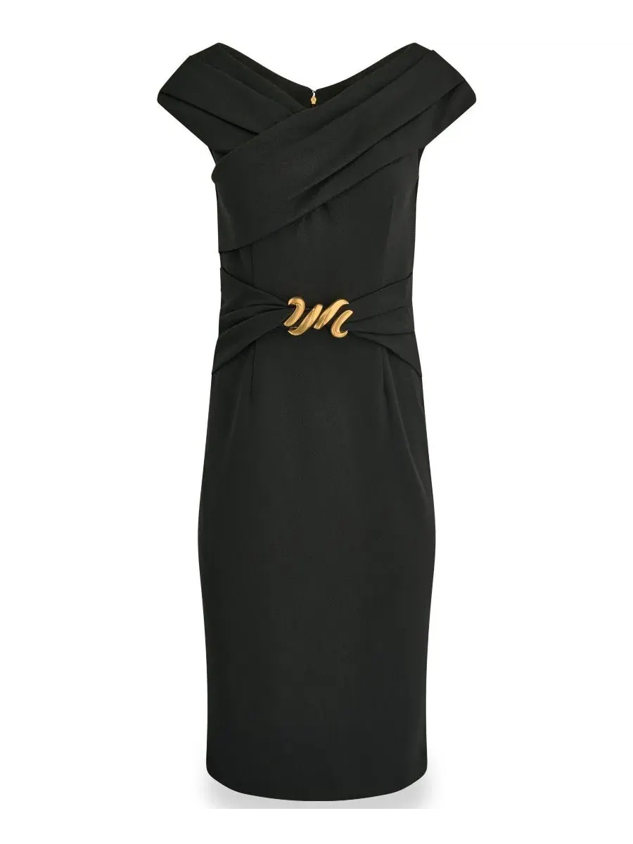 Платье-футляр миди с портретным вырезом и поясом с пряжкой, модель Portrait Neck Sheath Midi Dress — изображение 5 из 7