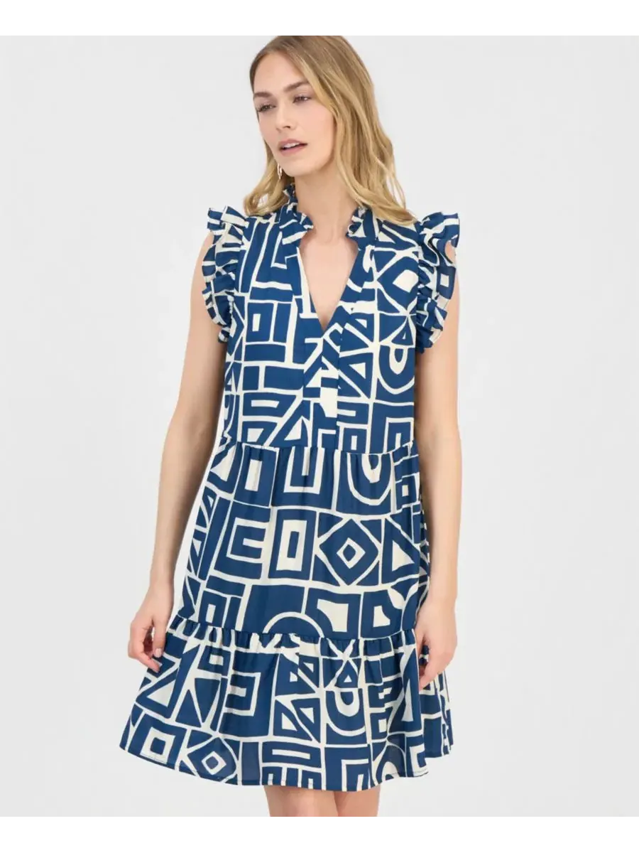 Платье-трапеция с рюшами и принтом Petite Ruffled Tiered Shift Dress Sandra Darren — изображение 4 из 5, бирюзовый