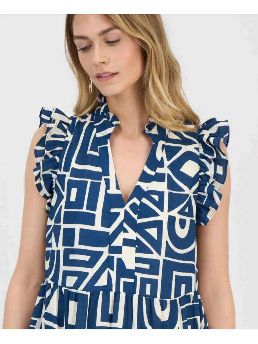 Платье-трапеция с рюшами и принтом Petite Ruffled Tiered Shift Dress Sandra Darren — изображение 5 из 5, бирюзовый