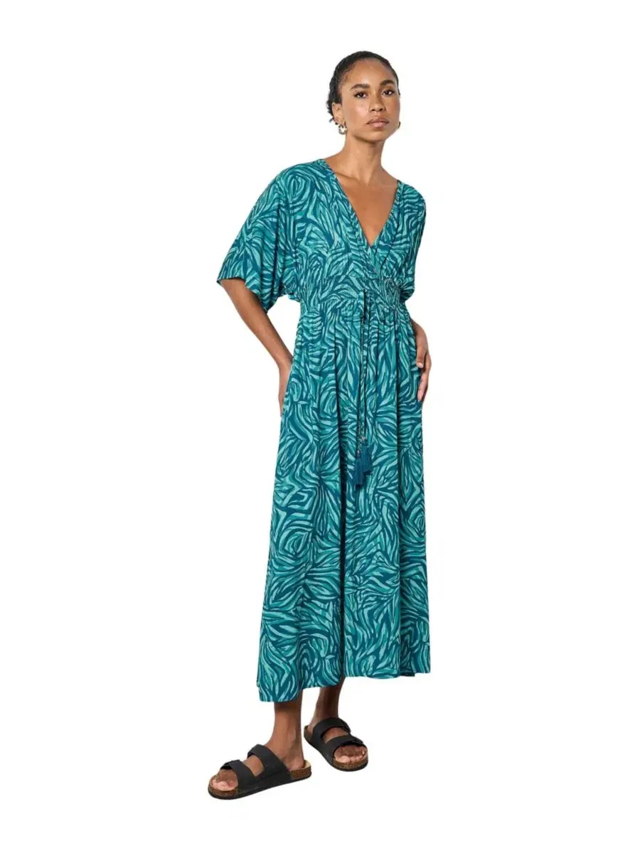 Платье макси с запахом на талии Zebra-Print Smocked-Waist V-Neck Apricot — изображение 1 из 5, бирюзовый