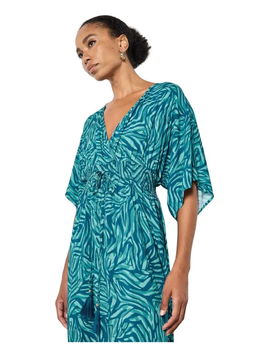 Платье макси с запахом на талии Zebra-Print Smocked-Waist V-Neck Apricot — изображение 2 из 5, бирюзовый