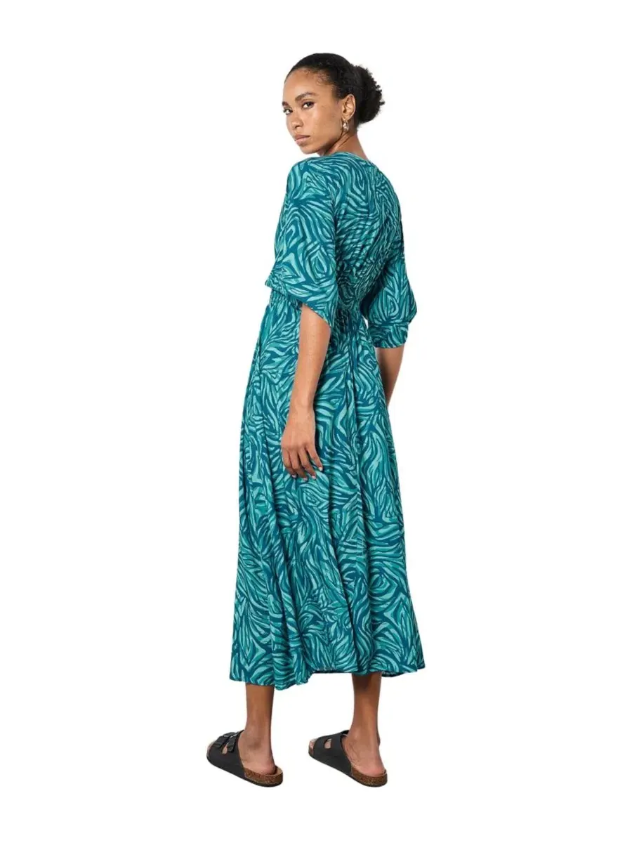 Платье макси с запахом на талии Zebra-Print Smocked-Waist V-Neck Apricot — изображение 4 из 5, бирюзовый