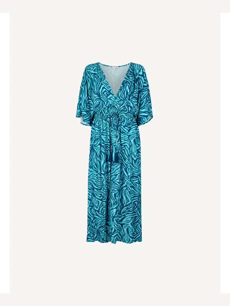 Платье макси с запахом на талии Zebra-Print Smocked-Waist V-Neck Apricot — изображение 5 из 5, бирюзовый