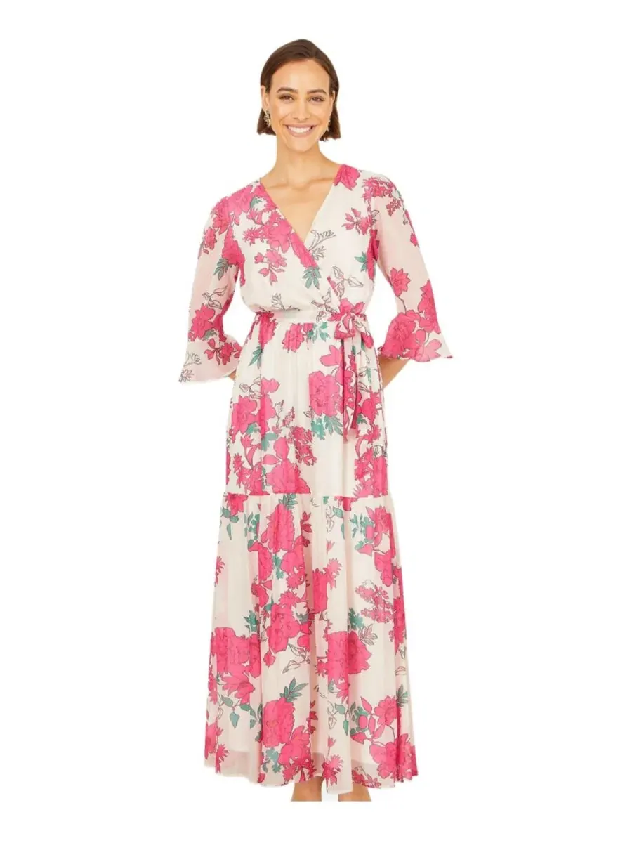 Платье-макси с принтом Blossom Print Maxi Wrap Dress Yumi — изображение 1 из 8, розовый