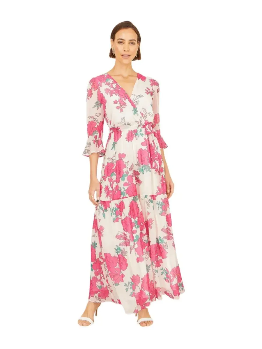 Платье-макси с принтом Blossom Print Maxi Wrap Dress Yumi — изображение 2 из 8, розовый
