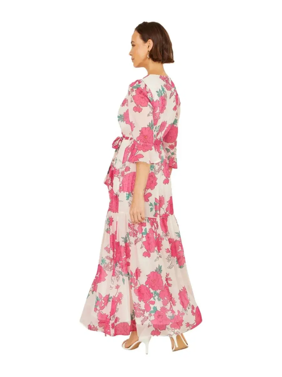 Платье-макси с принтом Blossom Print Maxi Wrap Dress Yumi — изображение 3 из 8, розовый