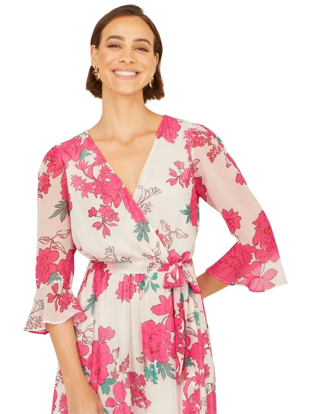 Платье-макси с принтом Blossom Print Maxi Wrap Dress Yumi — изображение 4 из 8, розовый
