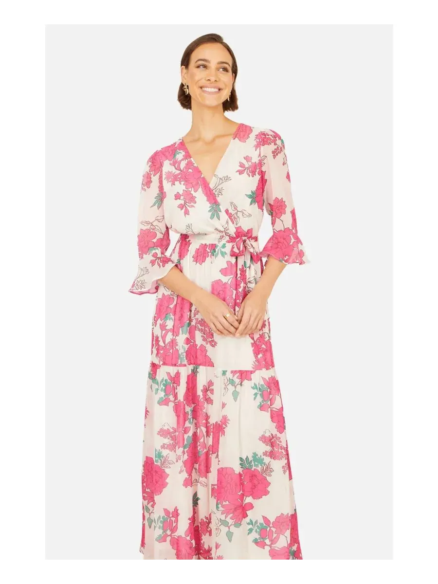 Платье-макси с принтом Blossom Print Maxi Wrap Dress Yumi — изображение 5 из 8, розовый