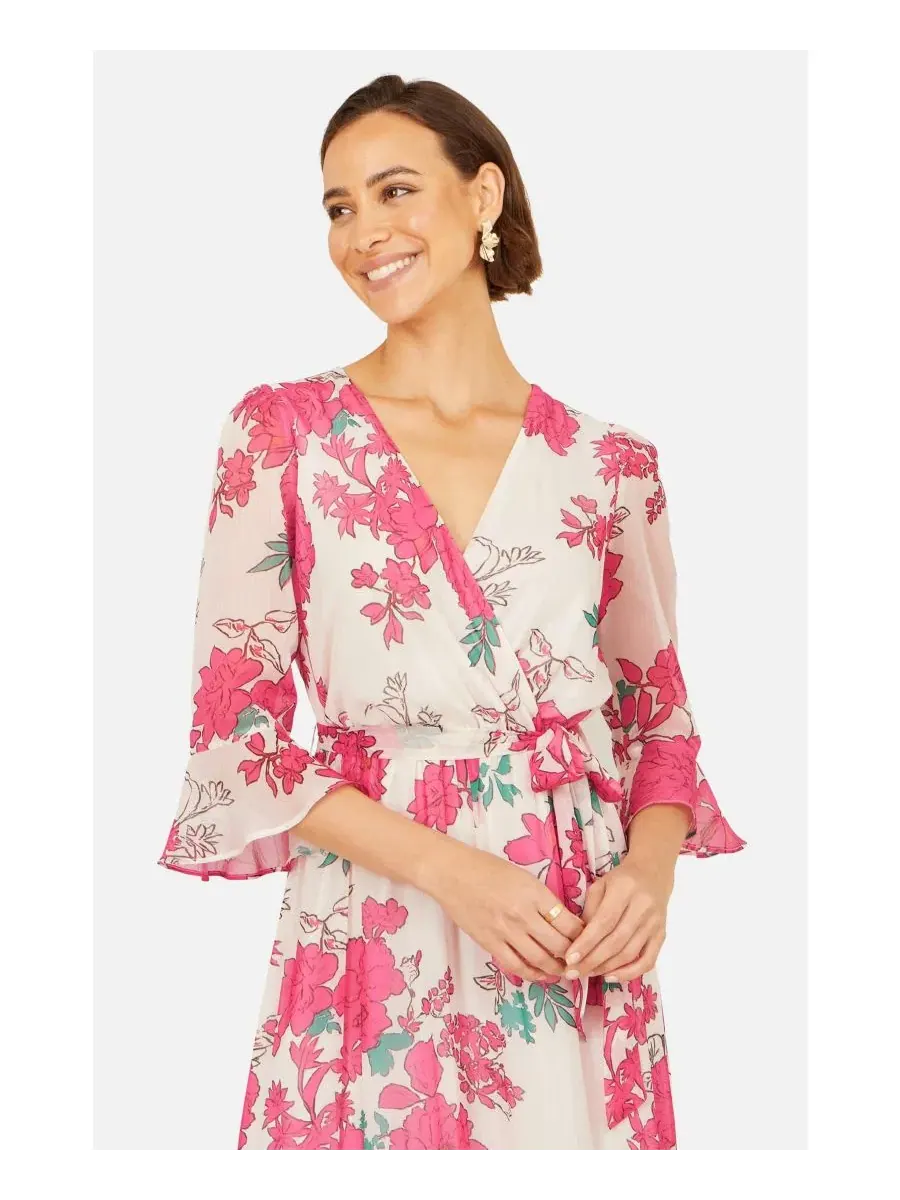 Платье-макси с принтом Blossom Print Maxi Wrap Dress Yumi — изображение 8 из 8, розовый