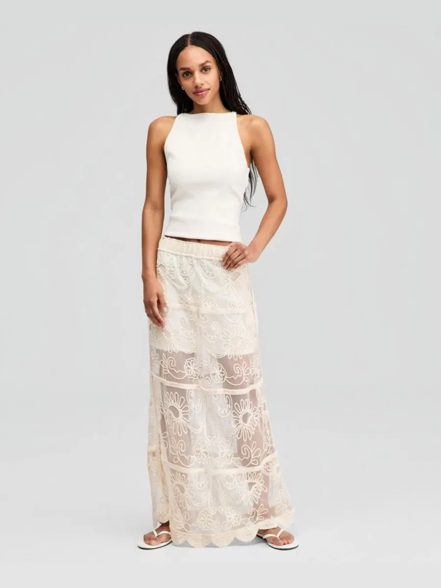 Юбка макси из сетки с вышивкой сутаж, модель Soutache Mesh Maxi Skirt And Now This — изображение 1 из 4, коричневый