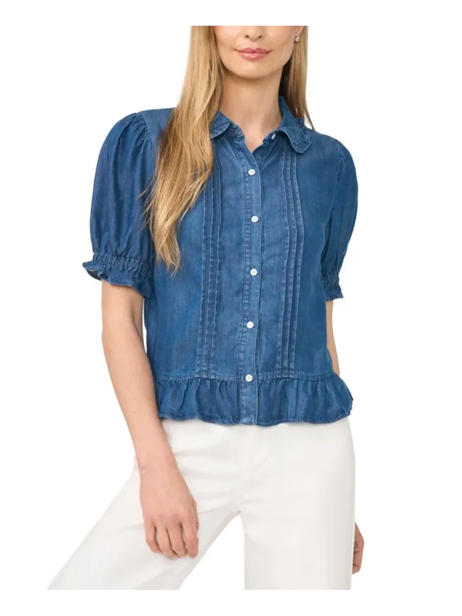 Блуза с воланами и короткими пышными рукавами, модель Puff-Sleeve Cropped Ruffle-Collar Top CeCe — изображение 1 из 4