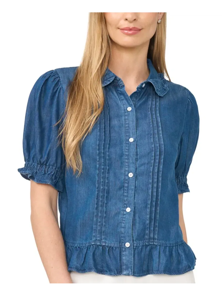 Блуза с воланами и короткими пышными рукавами, модель Puff-Sleeve Cropped Ruffle-Collar Top CeCe — изображение 2 из 4