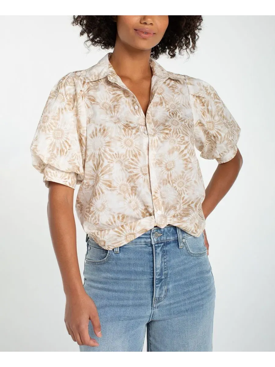 Блузка с коротким рукавом-фонарик и цветочным принтом, модель Petite Puff-Sleeve Shirt Liverpool — изображение 1 из 3