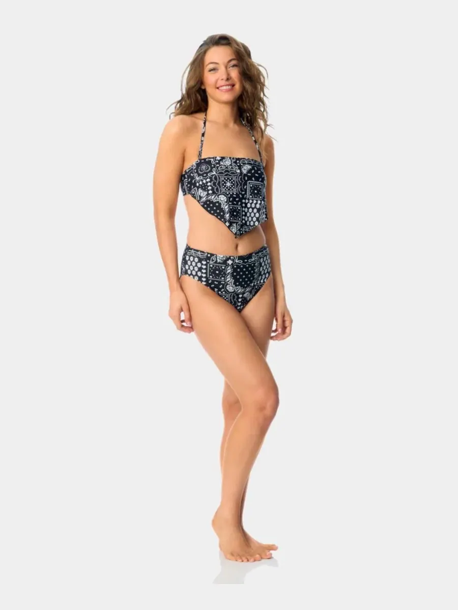 Топ бикини с бандана-принтом, модель Bandeau Neck California Waves — изображение 7 из 9, черный