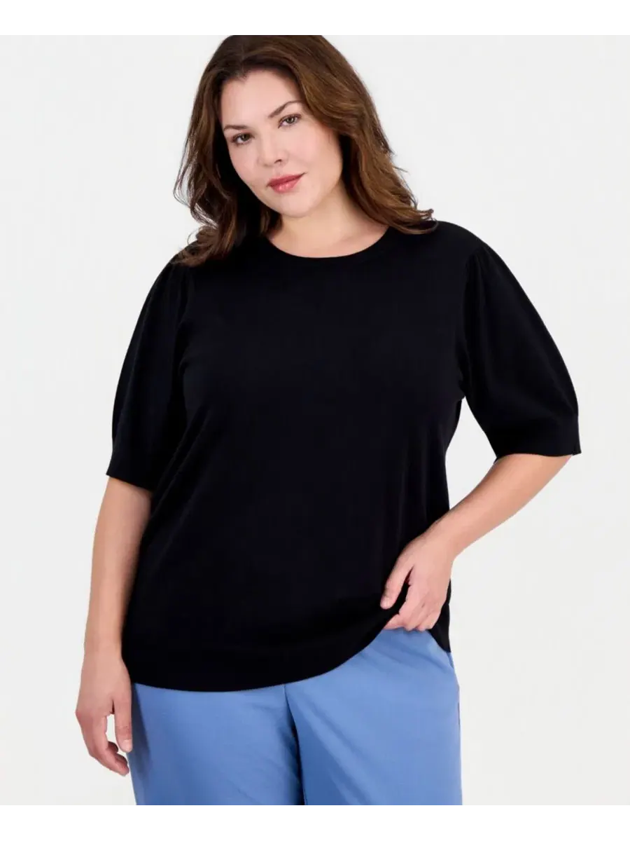 Свитер с коротким рукавом-фонарик и круглым вырезом Anne Klein Essentials