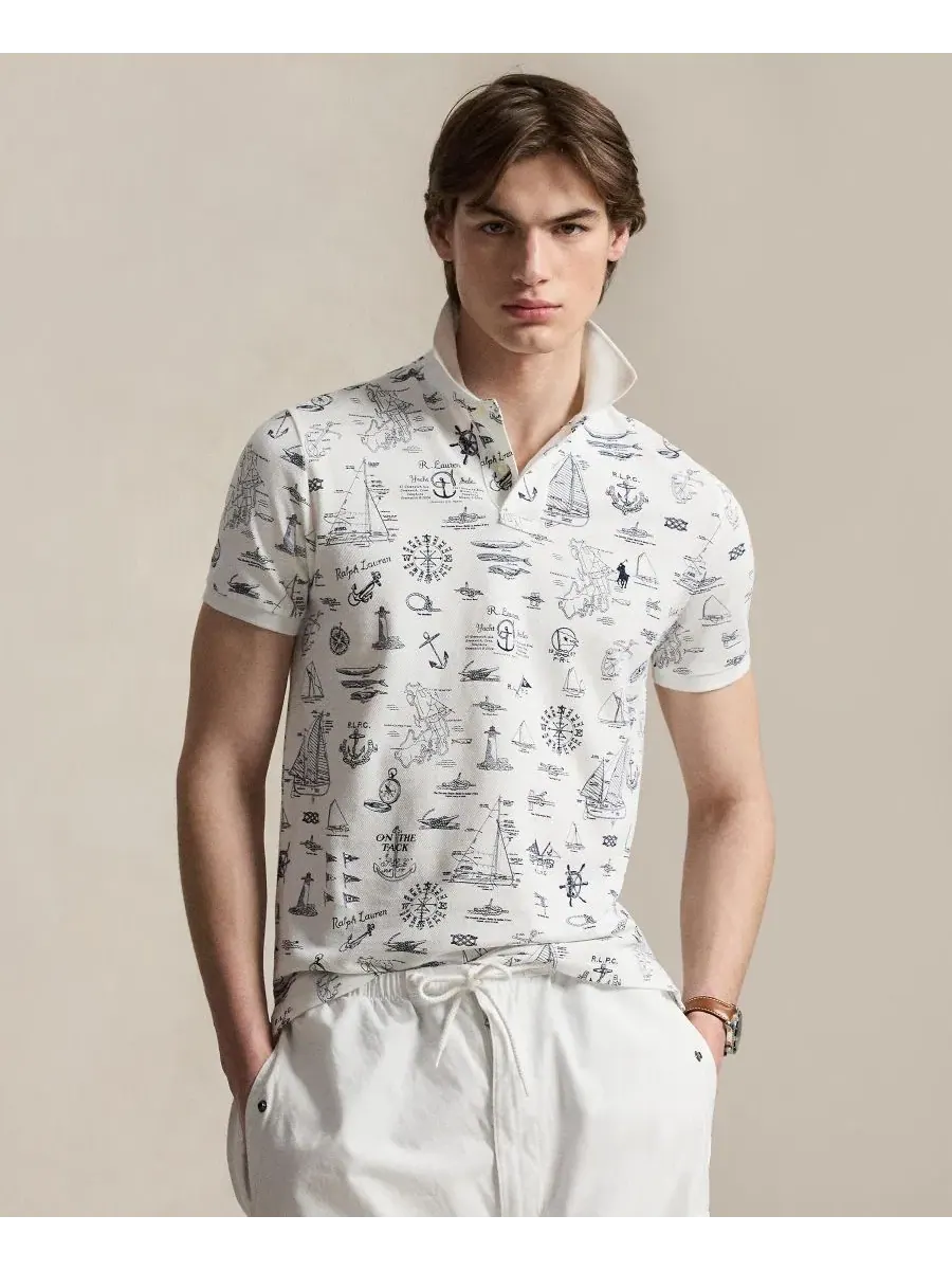 Мужская приталенная рубашка-поло в морском стиле из сетчатой ткани Polo Ralph Lauren — изображение 1 из 6, белый