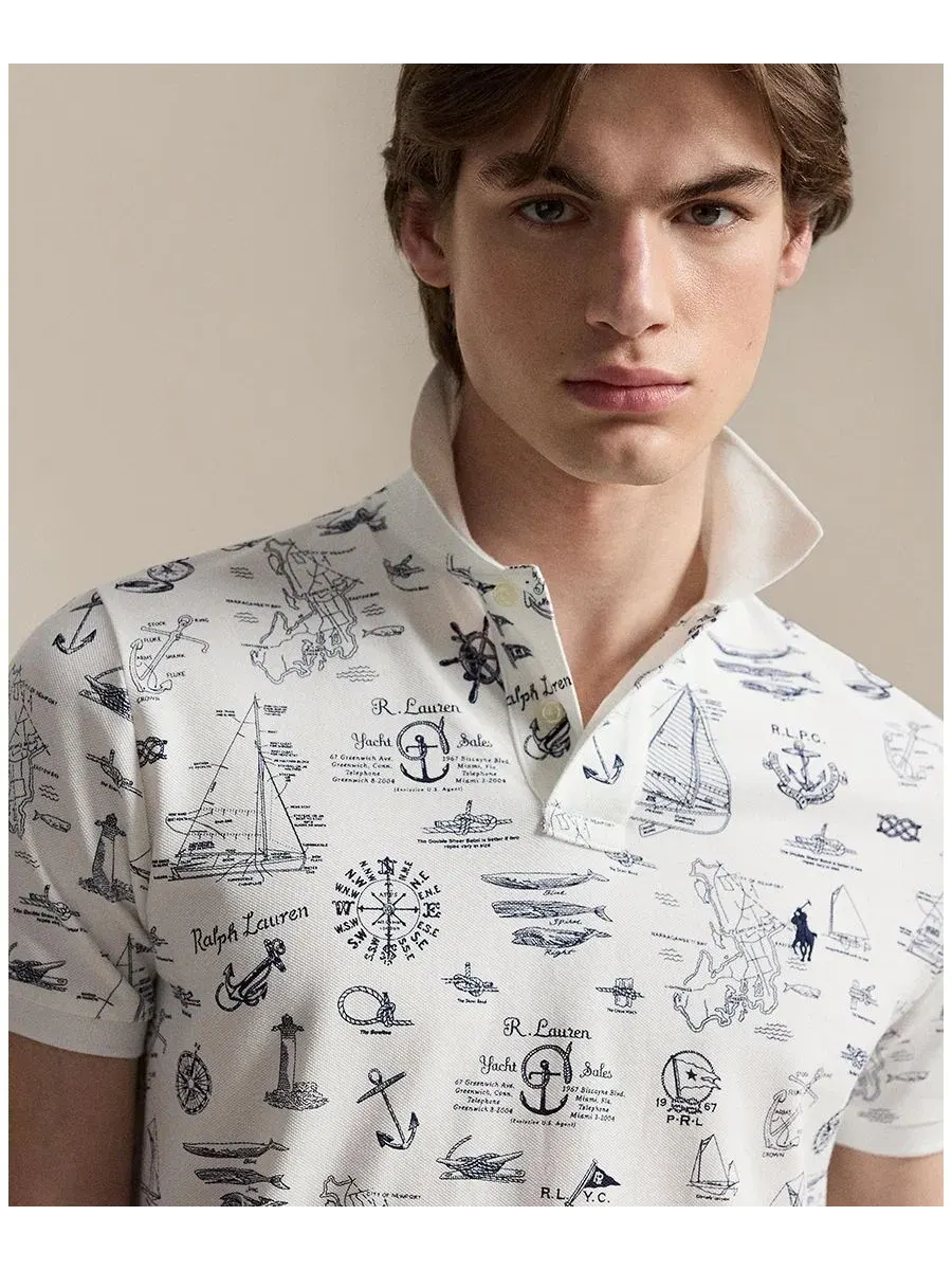Мужская приталенная рубашка-поло в морском стиле из сетчатой ткани Polo Ralph Lauren — изображение 3 из 6, белый