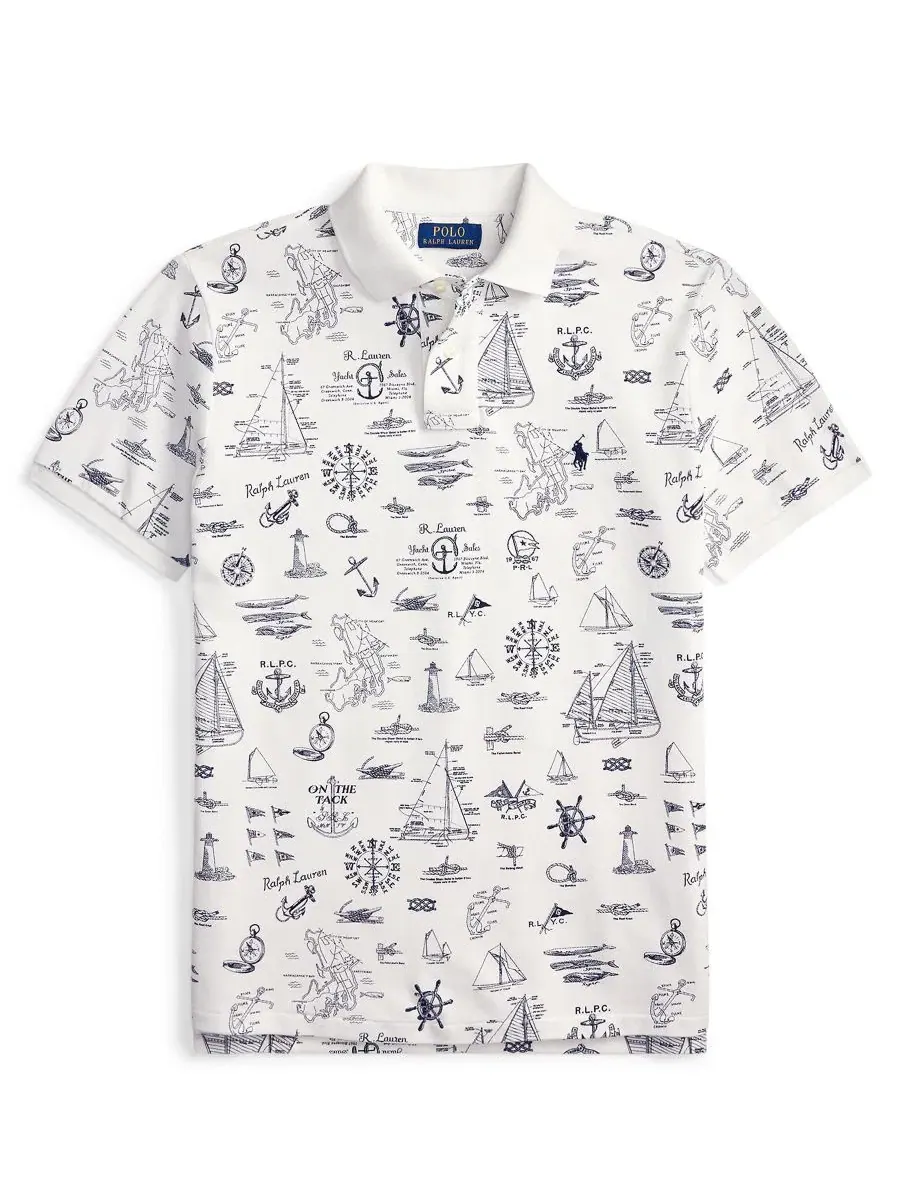 Мужская приталенная рубашка-поло в морском стиле из сетчатой ткани Polo Ralph Lauren — изображение 5 из 6, белый
