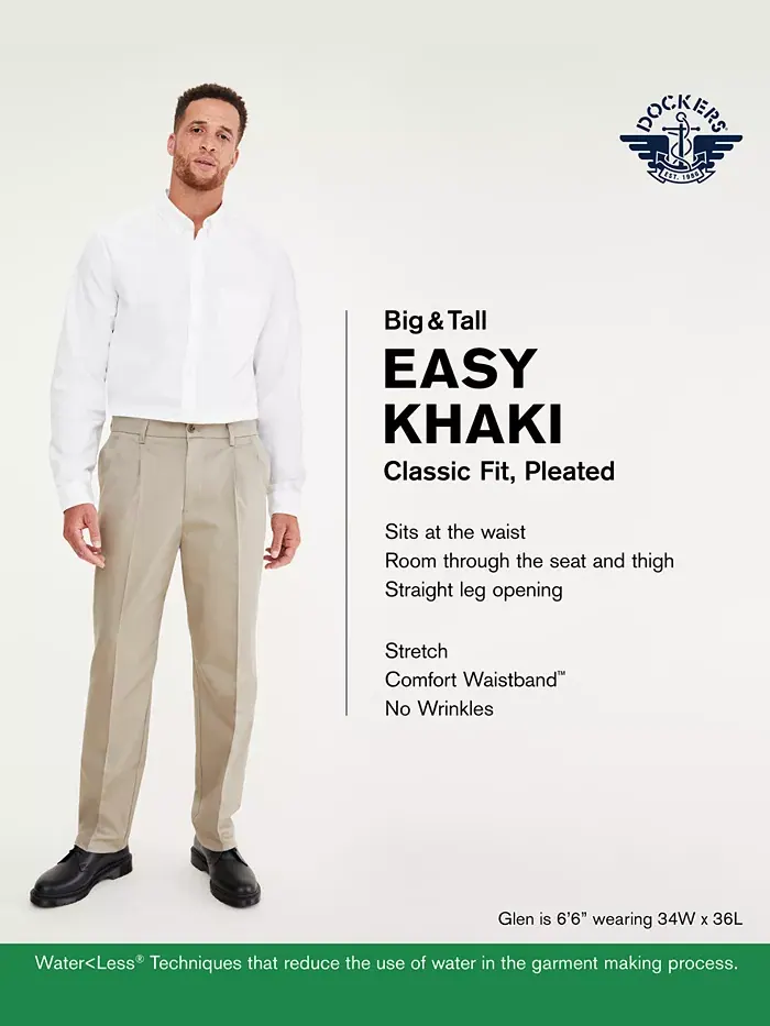 Мужские классические брюки Big & Tall Easy с защипами, хаки, с эффектом стрейч Dockers — изображение 4 из 4, темный бежевый