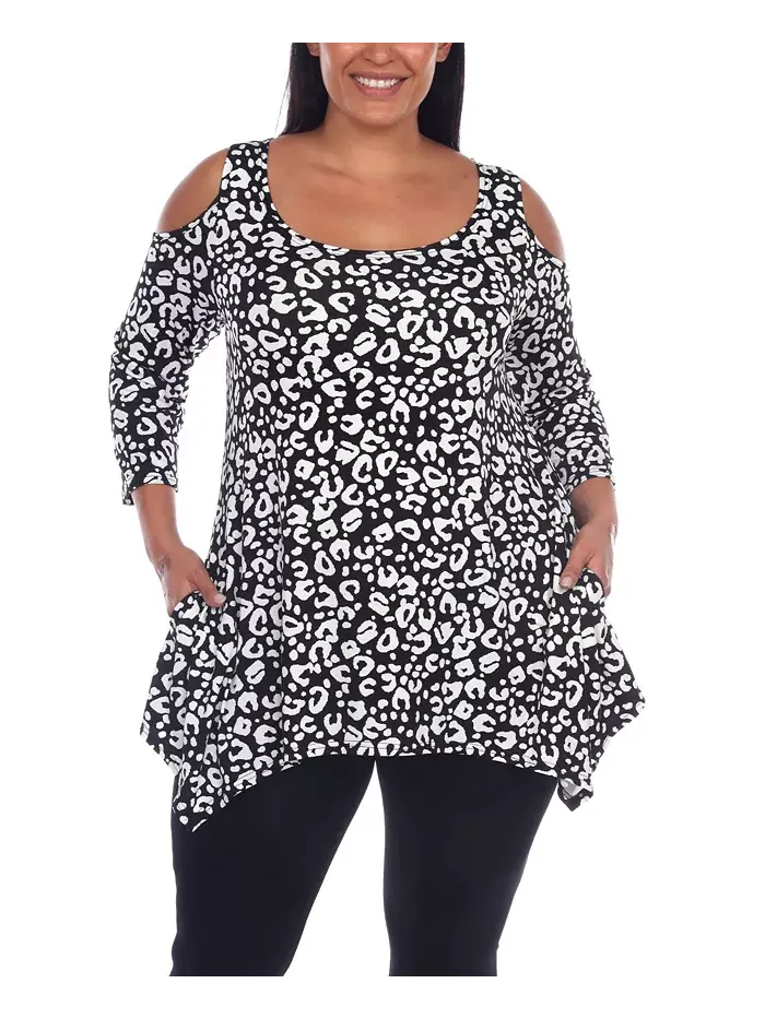 Туника с открытыми плечами в леопардовом принте plus size White Mark — изображение 1 из 5, черный