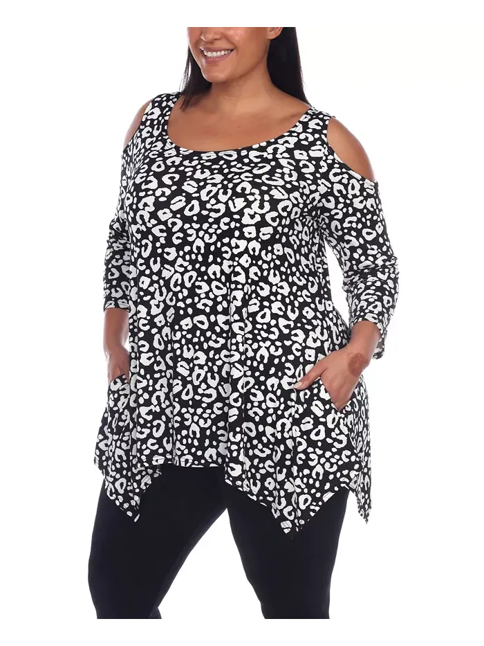 Туника с открытыми плечами в леопардовом принте plus size White Mark — изображение 3 из 5, черный