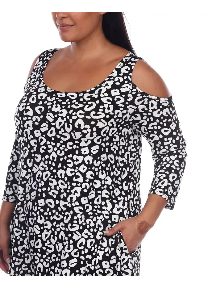 Туника с открытыми плечами в леопардовом принте plus size White Mark — изображение 4 из 5, черный