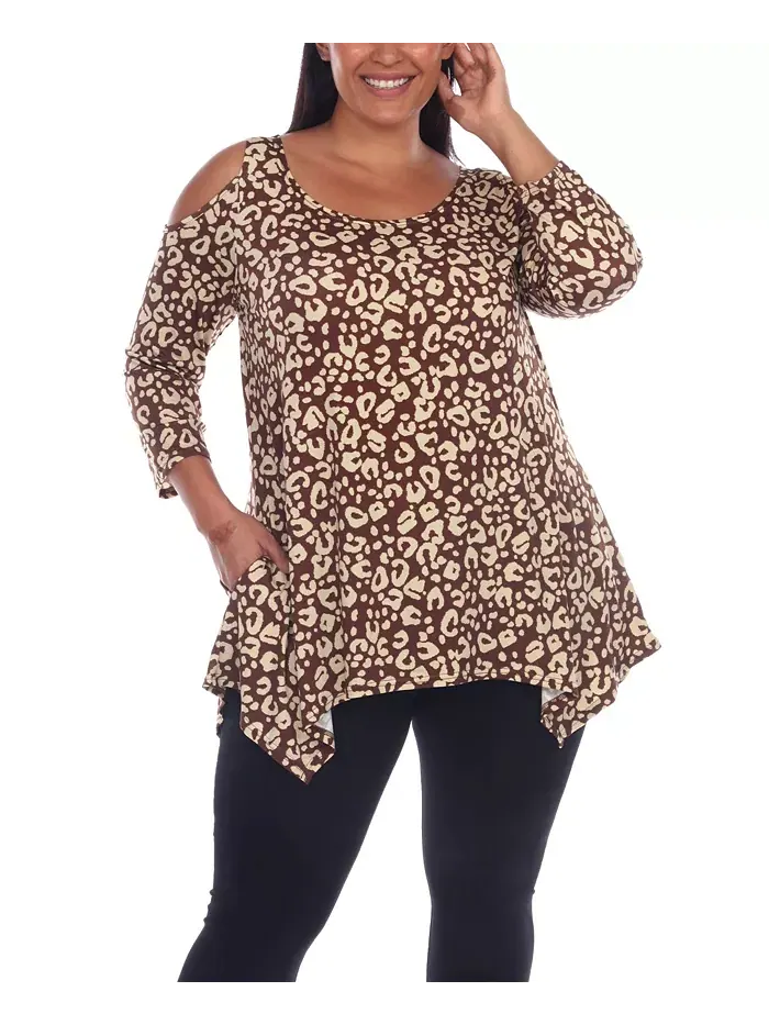 Туника с открытыми плечами в леопардовом принте plus size White Mark — изображение 1 из 4, коричневый