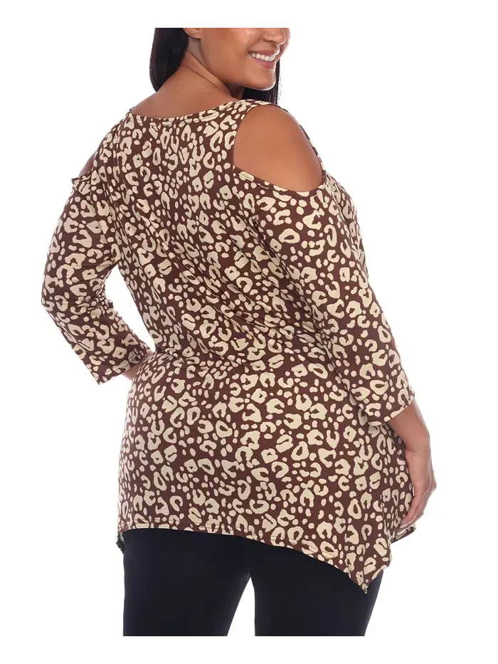 Туника с открытыми плечами в леопардовом принте plus size White Mark — изображение 2 из 4, коричневый