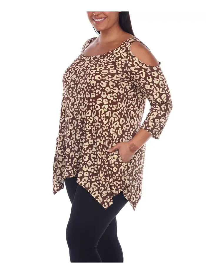 Туника с открытыми плечами в леопардовом принте plus size White Mark — изображение 3 из 4, коричневый