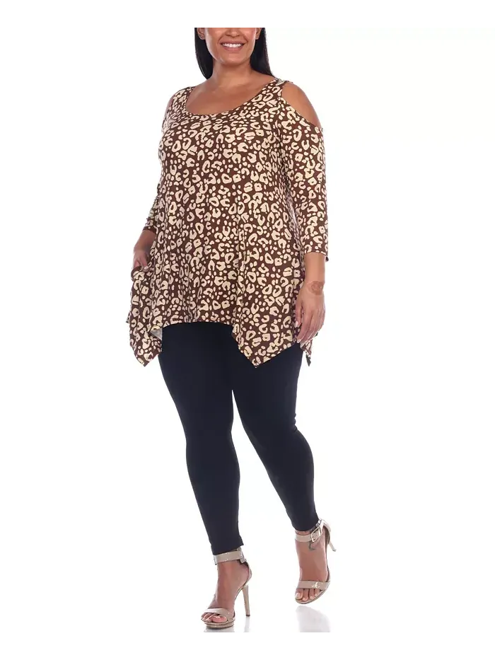 Туника с открытыми плечами в леопардовом принте plus size White Mark — изображение 4 из 4, коричневый