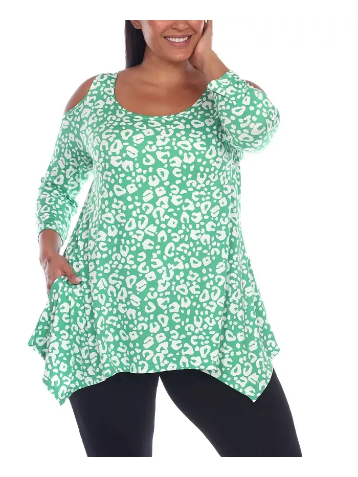 Туника с открытыми плечами в леопардовом принте plus size White Mark — изображение 1 из 4, зеленый